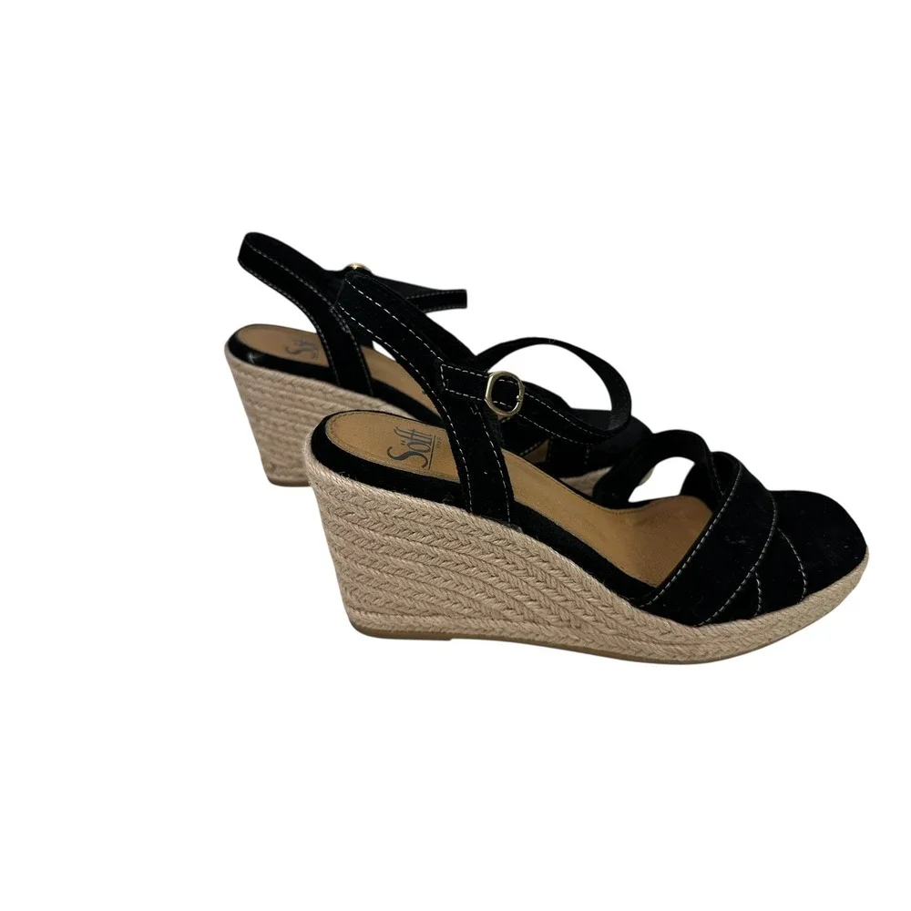 Sofft Womens Black Suede Leather Espadrille Wedge Sandals Size 7 Ankle Strap